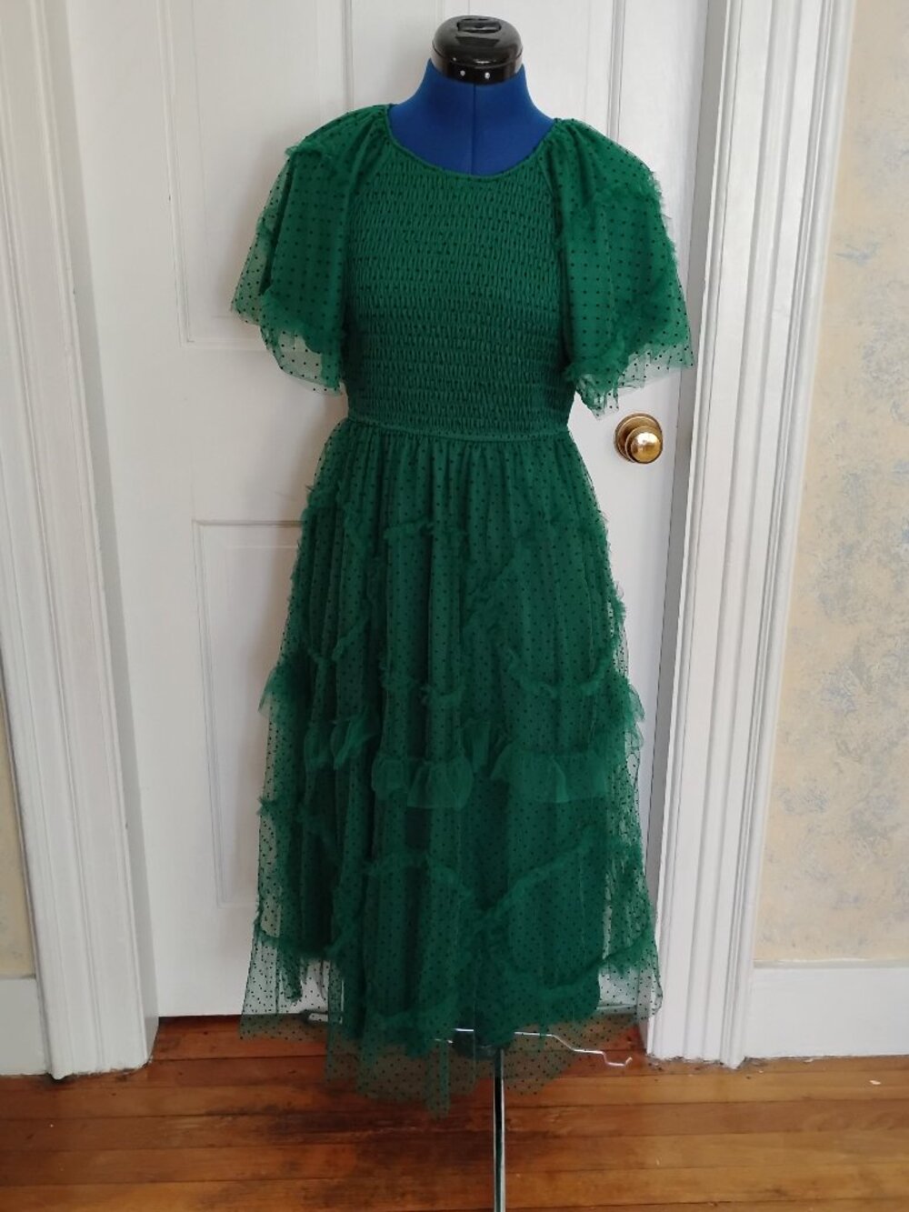 Pologram Green Smocked Swiss Dot Tulle Ruffle Dress